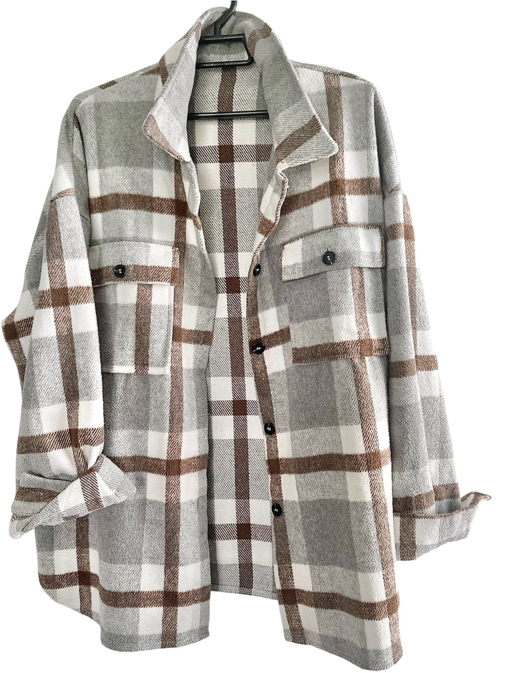 Plaid Shacket Jacket Taupe, Cream & Gray Women’s Size XL Loose Fit Soft